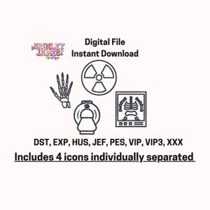Könnte beinhalten: Digitale Datei mit vier medizinischen Symbolen: ein Handskelett, ein Strahlungssymbol, ein CT-Scanner und ein Röntgenbild. Text enthält "Digital File Instant Download" und "Includes 4 icons individually separated."