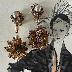 1960s Miriam Haskell Signed Vintage Gold Fluted Glass Dangle Earrings Clip-On Rhinestone Drop Rare Designer Statement Jewelry