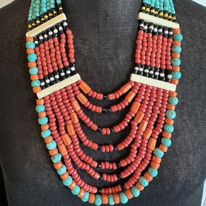 Bold Tribal Multi-Strand Chunky Glass Bead Necklace- Ethnic Boho Statement Jewelry- Handmade Tribal Necklace