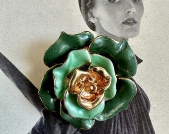 Vintage 1950's 60's Brooch Flower Pin Japanned Black W