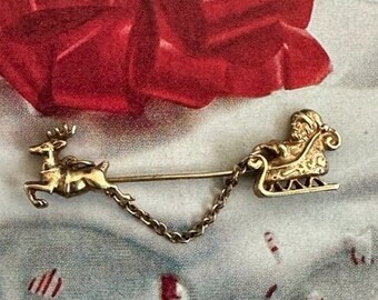 Vintage Reindeer Pulling Santa's Sleigh Pin, Santa and Reindeer Brooch, Vintage Christmas Jewelry, Avon Christmas Pin, Santa and Sleigh Pin