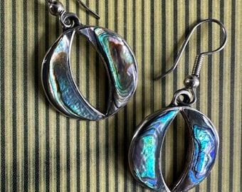 1970s Abalone Hoop Dangle Earrings Alpaca Silver Mexico Vintage Boho Natural Shell Statement Jewelry