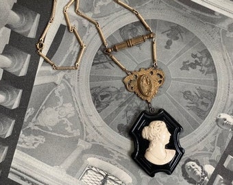 1930s Rare Celluloid Cameo on a Repurposed Face Brass Piece on a Link Chain, Celluloid Cameo Antique Necklace Repurposed Celluloid Cameo