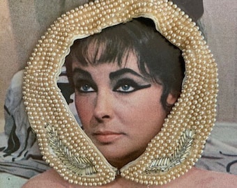 1950s Faux Pearl Collar Necklace Beaded Palm Leaf Vintage Mid Century Jewelry Fashion Accessory