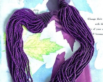 1970s Purple Seed Bead Necklace 29 Strand Boho Statement Necklace Crochet Loop Button Closure Vintage Beaded Jewelry