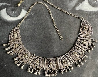 1960s Spun Silver Filigree Vintage MCM Necklace Heart Flower Panel Design with Dangles 18 Inch Handmade Mid Century Statement Jewelry
