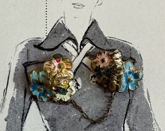 1920-30 Flowers with Insects Chatlaine Brooch, 30s Brooch, Painted Flowers Sweater Pins with Chain, Vintage Flower Pin, Chatlaine Brooch