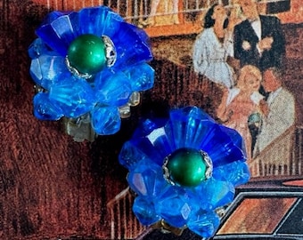 1950s Blue Aurora Borealis Beaded Cluster Clip On Earrings Green Center Germany Signed Vintage Mid Century AB Statement Jewelry