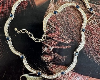 Collar de eslabones dorados de los años 80 con diamantes de imitación, piedras de cristal azul transparente, collar vintage llamativo, elegante, regalo de joyería