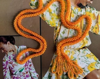 60s Orange Seed Bead Rope Necklace, Vintage Seed Bead Crochet Lariat Necklace, Bead Rope Tassel Necklace, Seed Bead Jewelry, Seed Bead Bolo