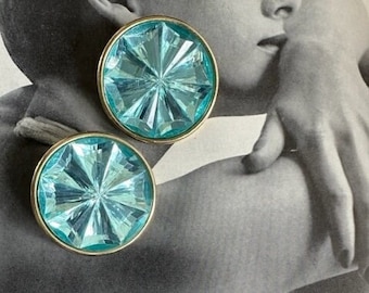 1980s Aqua Faceted Lucite Mega Statement Clip On Earrings Large Crystal Dome Button Big Bold Retro Glam Jewelry