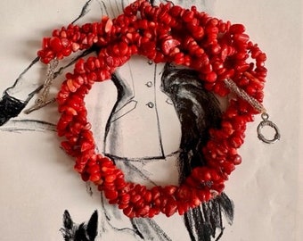 1970s Red Coral Chip Necklace Multi Strand Twisted Beaded Boho Gemstone Vintage Natural Retro Statement Jewelry