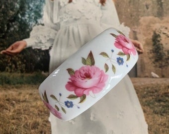 1980s Kenneth Jay Lane For Royal Worcester Signed Bone China Floral Bangle Bracelet Pink Flower Porcelain Vintage KJL Designer Jewelry
