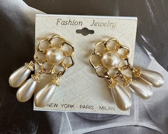 Pendientes colgantes con forma de lágrima, de oro macizo y perla, de los años 80, nuevos, antiguos, descatalogados, grandes, vintage, con estilo.