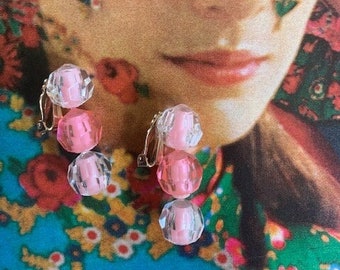1960s Pink Lucite Beaded Dangle Drop Clip On Earrings Vintage Triple Stack Faceted Cotton Candy Beads Retro Mod Mid Century Jewelry