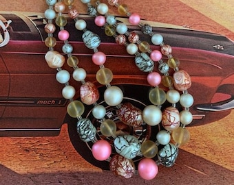 1950s Multi Strand Drizzle Beaded Necklace Vintage Japan Signed Pink Lemonade Pearlized Glass Beads Retro Mid Century Jewelry