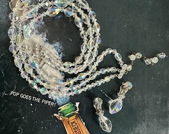 1950s Aurora Borealis Crystal Beaded 3 Strand Choker Necklace With Matching Clip On Earrings Vintage Mid Century AB Jewelry Set