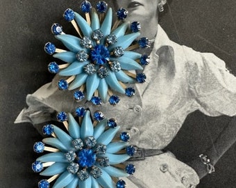 1940s Mega Blue Rhinestone & Plastic Flower Earrings, Mega 40s Blue Earrings, 40s Earrings, Super Large Vintage Earrings, 40s Jewelry