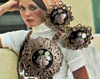 1980s Black Porcelain Floral Brooch & Matching Pierced Earrings Set Gold Tone Filigree Pastel Flower Romantic Jewelry