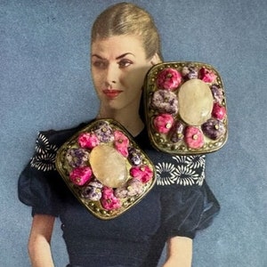 60s Mega Stone Nugget Earrings, 60s Cabochon with Pink and Purole Rhodochrosite Stone, 60s Earrings, Vintage Large Ornate Button Earrings