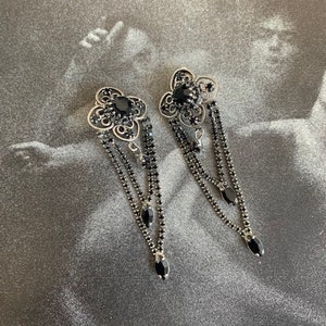 Gorgeous 1990s RJ Graziano Signed Silver Filigree Black Rhinestone Clip On Statement R.J. Earrings Designer Bold Dangle Jewelry