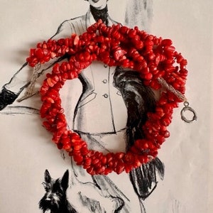 Red Vintage Coral Chips Beaded Gemstone 3-Strand Twisted Necklace, Red Coral Beaded Patriotic 4th of July Jewelry.