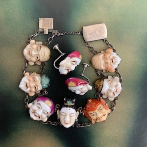 Rare 1940s Toshikane Signed Seven Gods Fortune Bracelet and Earrings Set Sterling Silver Porcelain Japanese Vintage Statement Jewelry
