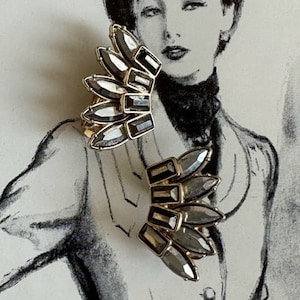 Smoked Quartz and Silver Mirror Stone Earrings, 50s Earrings, Glass Stone Earrings,50s Jewelry,