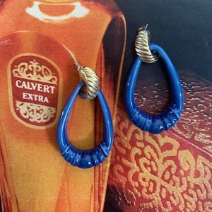 80s Denim Blue Teardrop Hoop Earrings, 80s Teardrop Blue Faded Denim Hoops,80s Earrings, 80s Jewelry, Blue Ombre Teardrop Hoop Earrings,