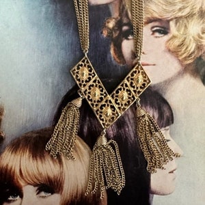 Sarah Coventry Gold Filagree Pendant with Tassels, 60s Pendants, 60s S Coventry Jewelry, 60s Jewelry, Tassel Pendant