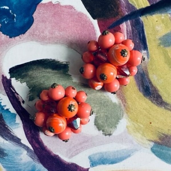 50s Orange, Coral, & Borealis Bead Cluster Earrings, 50s Cluster Earrings, Sherbet Swirl Cluster Earrings, 50s Earrings, 50s Jewelry