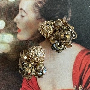Ornate Bead &quot;Vogue&quot; Signed Earrings, Tri-Bead Bronze and Pewter Crystal Earrings, Formal Earrings, Vogue Rhinestone earrings, 50s Earrings,