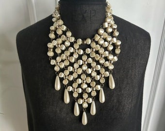Vintage 1980s Faux Pearl Bib Necklace Earring Set Champagne Gold Beads Glam Statement - Wearable Art Jewelry Rare Matching Dangle Earrings