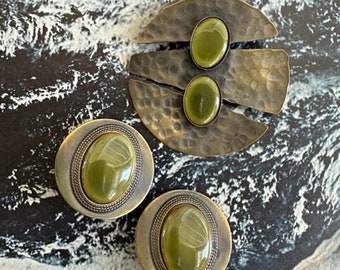 1960s Mixed Metal Brooch And Earrings Set Green Ceramic Cabochon Vintage Mid Century Modern Studio Wearable Art Jewelry