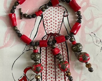 1970s Red Coral Necklace Silver Filigree Bronze Beads Dangle Asian Oriental Tribal Vintage Natural Boho Statement Jewelry