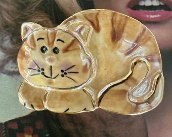 1970s Ceramic Tabby Cat Brooch Studio Wearable Art Yellow Orange Striped Pin Hand Painted Vintage Kitten Collectible Animal Gift Jewelry