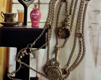 Vintage Goldette 5 Strand Gold Chain Necklace,  Goldette 5 Nesting Chain Necklace with Fob Spinner Charm & Intaglio Charms, Goldette Jewelry