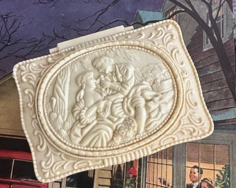 1940s Celluloid Jewelry Casket Box With Victorian Scene Hinged Vanity Keepsake Trinket Collectible China Marked