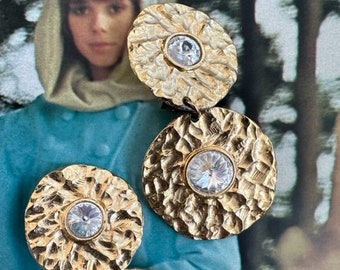1980s Norma Jean Signed Hammered Gold Tone Clip On Earrings with Rhinestones Vintage Statement Jewelry
