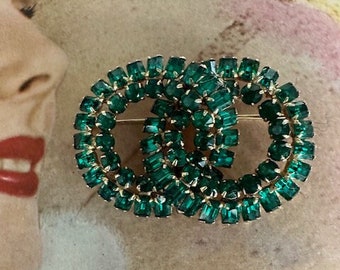 Eisenberg Emerald Green Crystal Brooch, Eisenberg Signed Brooch, Emerald Green Rhinestone Pin, Green Double Ring Rhinestone Brooch,