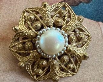 Signed Miriam Haskell Gold Brooch, Vintage Floral Blue Glass