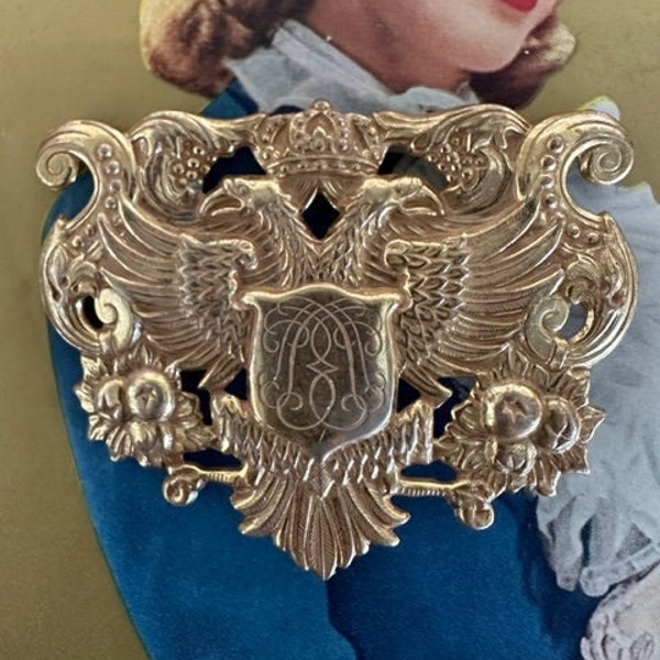 Miriam Haskell Coat of Arms Eagle Phoenix Brooch, Miriam Haskell Gold Coat of Arms Crest Brooch Haskell Gold Crest Brooch, Heraldic Jewelry