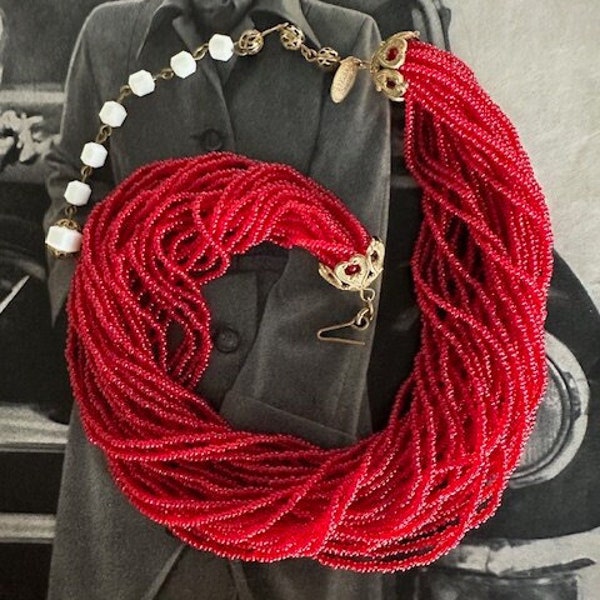 50s Miriam Haskell Red Glass Seed Bead Choker, Miriam Haskell Jewelry, Miriam Haskell Necklace, 50s Collectors Designer Jewelry, 50s Choker