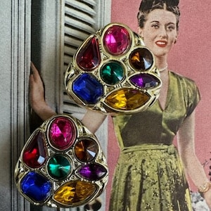 80s Jewel Rhinestone Earrings, 80s Large Jewel Tone Earrings, 80s Bold Earrings, Jewel Rhinestone Large Clip on Earrings, 80s Jewelry,