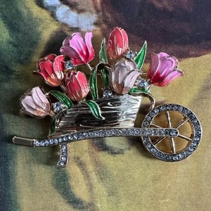 Vintage Anne Klein Signed Flower Cart Brooch -  Colorful Enamel & Rhinestone Pin - Gold Tone Floral Wheelbarrow - Gift for Her