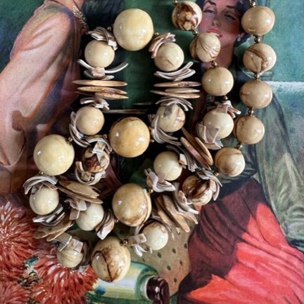 Miriam Haskell Signed Chunky Shell, Nuts and Wood Necklace, 70s Miriam Haskell Necklace, Vintage Miriam Haskell Jewelry
