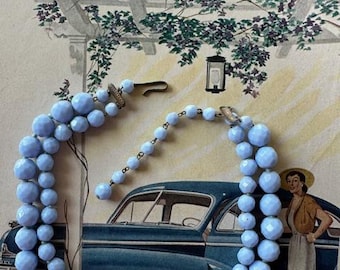1940s West Germany Signed Baby Blue Glass Beaded Necklace Vintage Double Strand Faceted Glass Choker Brass Findings Romantic Jewelry