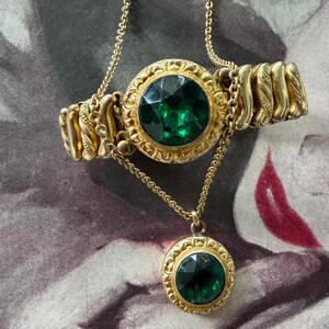1940s Green Sweetheart Expansion Bracelet & Pendant Necklace Matching Set Round Gold Crystal DFB Carmen Signed WWII Original Box Jewelry