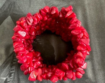Bling Jewelry Red Coral Chip Stone Cluster Stretch Bracelet  Vintage Red Coral Chip Stretch Bracelet Wide Chunky Cuff Statement‎ main image 2