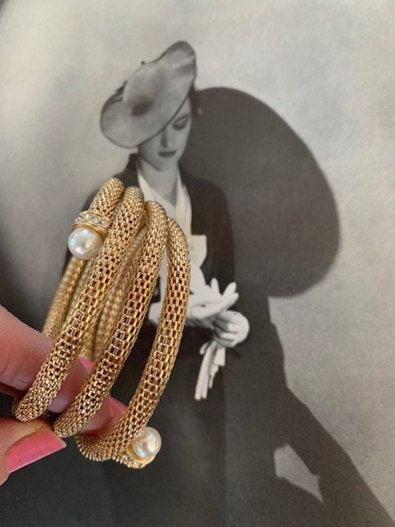 Vintage Gold Mesh Coiled Bracelet with Pearls, Gol